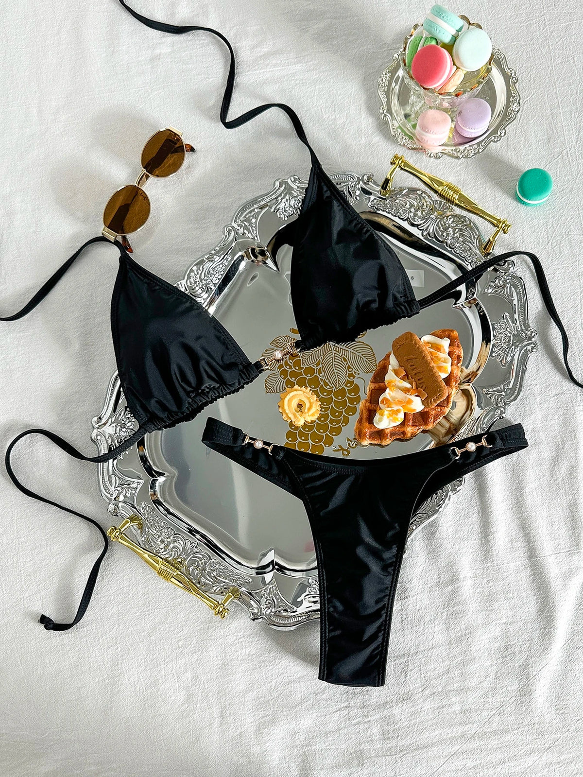 Swim Vcay Summer Beach Chain Linked Halter Triangle Bikini Set