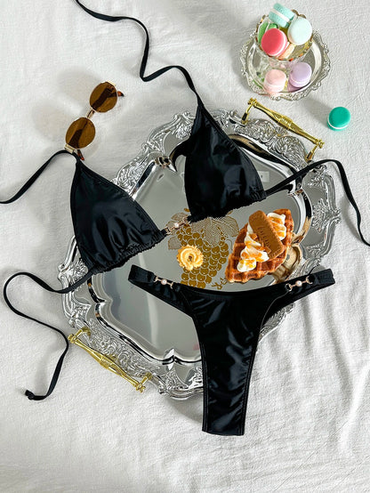 Swim Vcay Summer Beach Chain Linked Halter Triangle Bikini Set