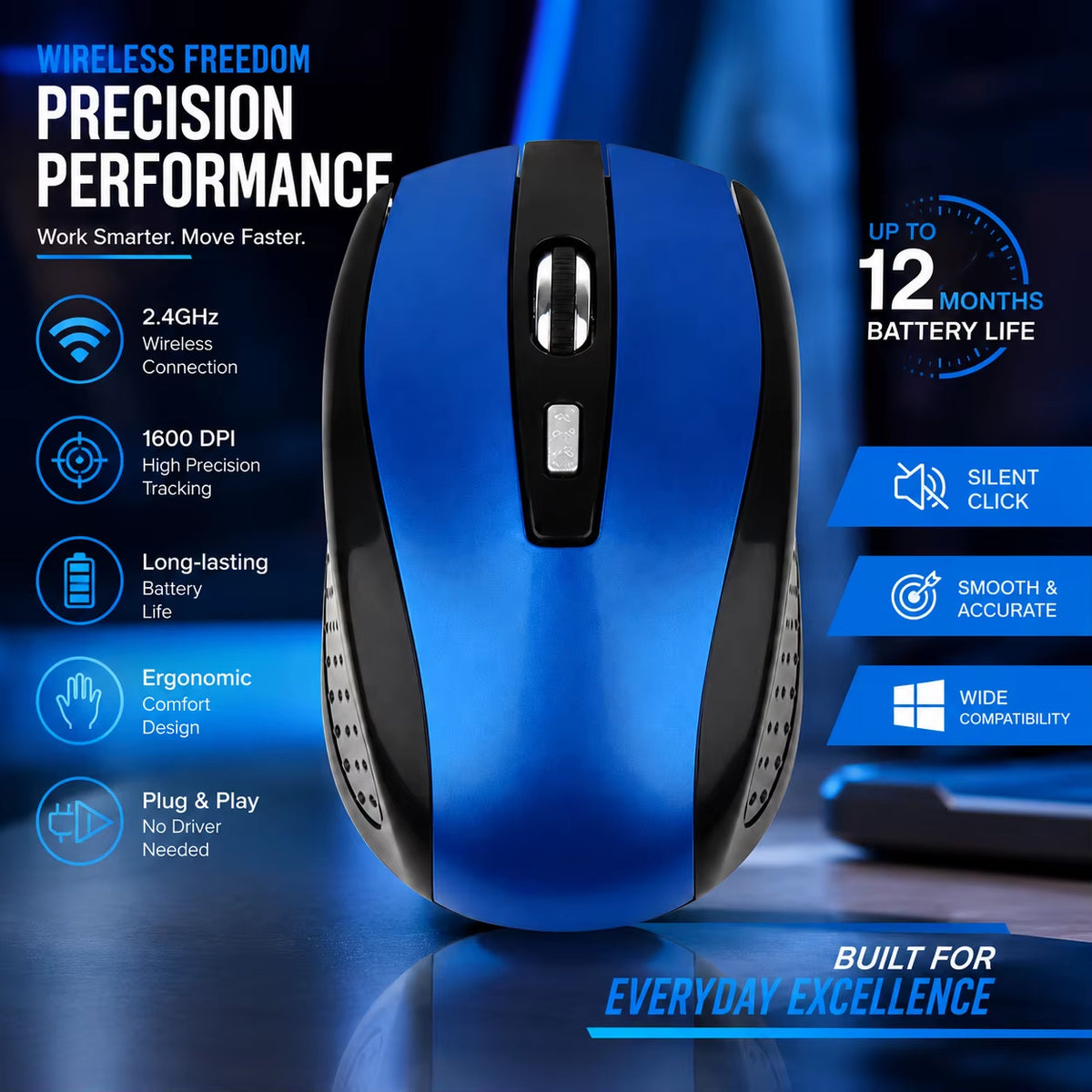 2.4Ghz Wireless Lightweight Optical Mouse DPI Adjustable Portable Ergonomic Design Computer Mouse for PC Computer Laptop Tablet