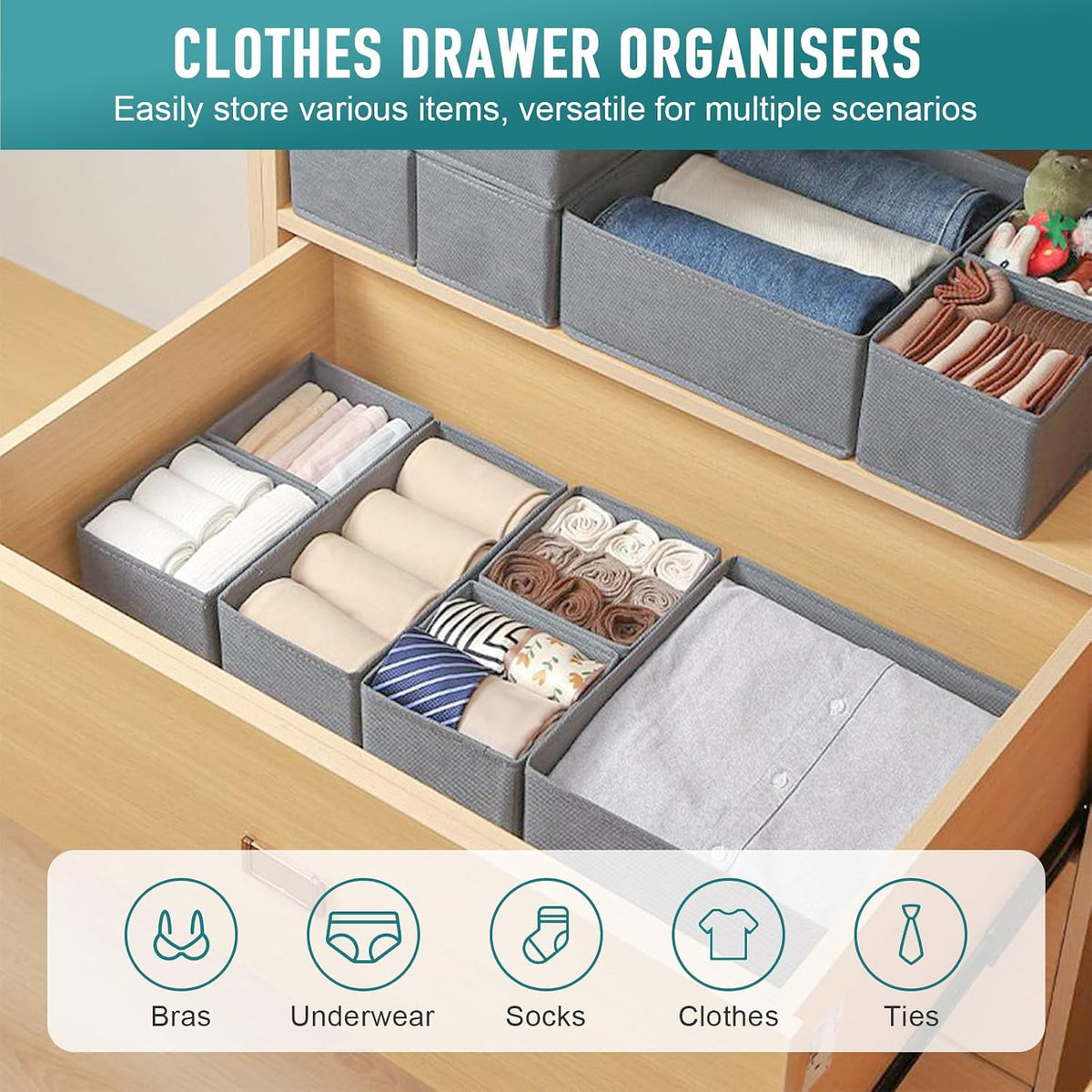 12 Pack Drawer Organizers Underwear Drawer Dividers Foldable Storage Boxes Fabric Closet Organizer Storage Cubes for Clothes Bras Socks Ties Cosmetics Stationeries Hair Accessories(Dark Grey)