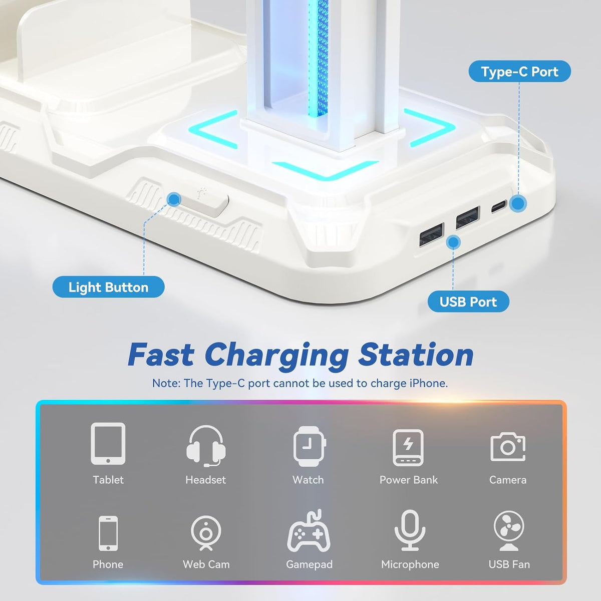 Headset Stand with Charging Station - Detachable Controller Holder with 9 Light Modes - Rotatable Headphone Hanger with USB A&C Charger Ports - Earphone Hook for PC Gaming Accessories Storage