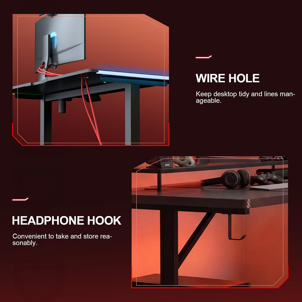 Gaming Desk 55 Inch with LED Lights, Large Computer Desk with Mouse Pad for Home Office, T-Shaped Carbon Fibre Surface PC Game Workstations with Headphone Hook