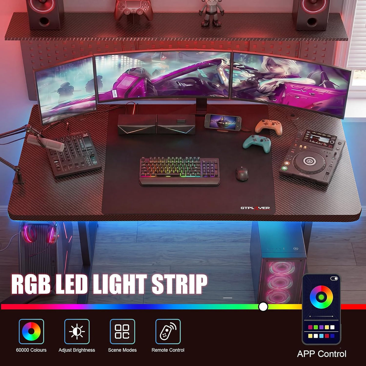 Gaming Desk 55 Inch with LED Lights, Large Computer Desk with Mouse Pad for Home Office, T-Shaped Carbon Fibre Surface PC Game Workstations with Headphone Hook