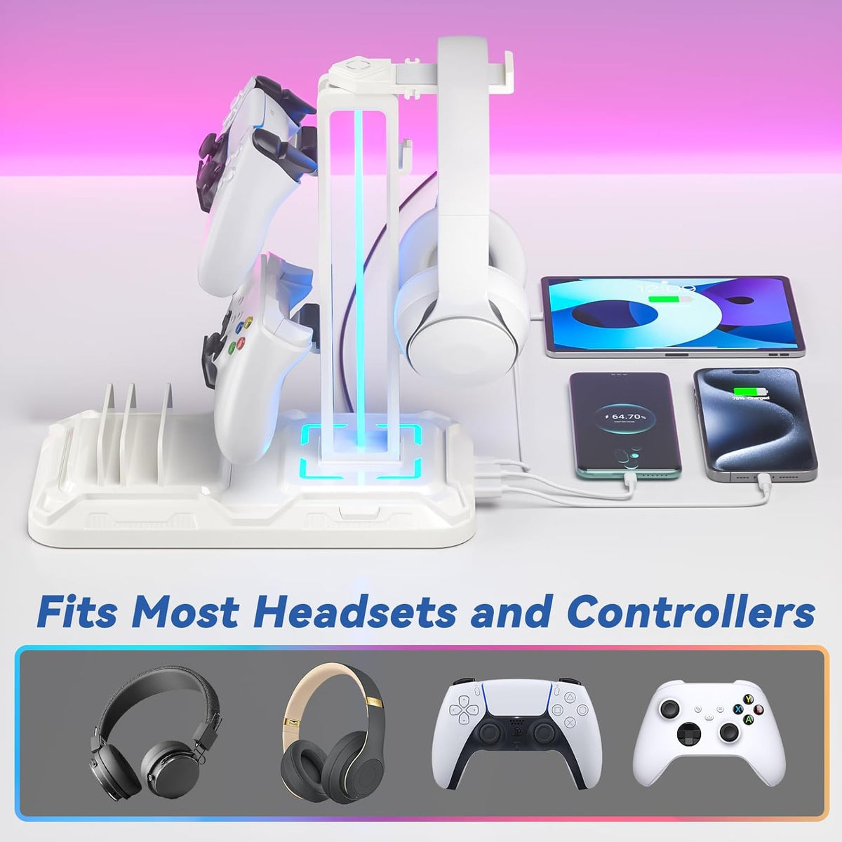 Headset Stand with Charging Station - Detachable Controller Holder with 9 Light Modes - Rotatable Headphone Hanger with USB A&C Charger Ports - Earphone Hook for PC Gaming Accessories Storage