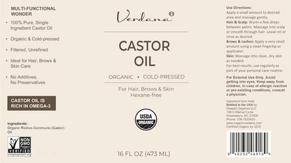 Organic Castor Oil, Cold Pressed & Hexane Free – for Hair & Scalp Care, Eyelashes, Eyebrows & Skin Moisturizing – USDA Certified, Pure & Natural – 16 Fl Oz