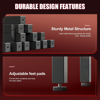 Gaming Desk 55 Inch with LED Lights, Large Computer Desk with Mouse Pad for Home Office, T-Shaped Carbon Fibre Surface PC Game Workstations with Headphone Hook