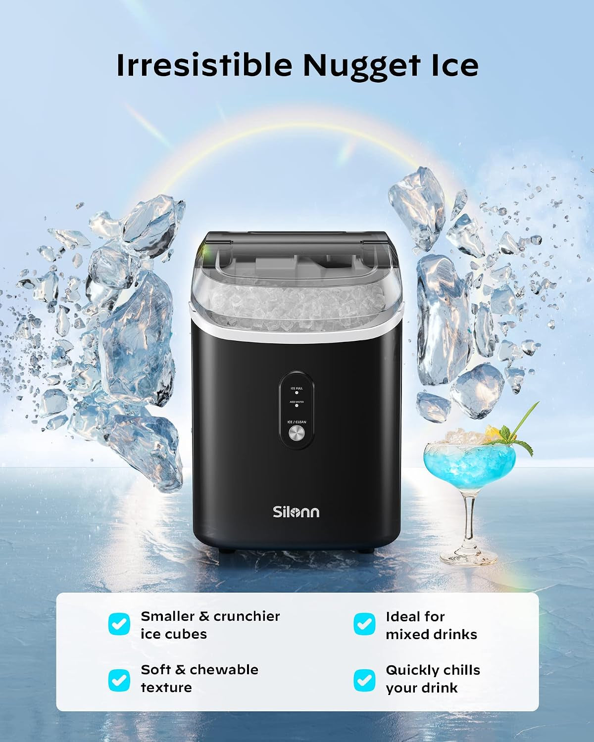 Nugget Ice Maker Countertop - 33Lbs/24H,  Pebble Ice Maker Machine with Self-Cleaning Function, Ice Makers for Home Kitchen Office