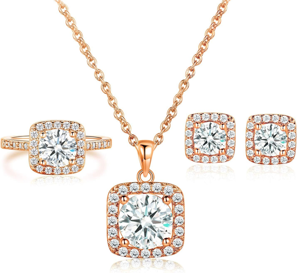 Jewelry Set for Women, 18K Rose Gold Plated Halo Cubic Zirconia Necklace/Earrings/Rings Wedding Hypoallergenic Jewelry Three-In-One