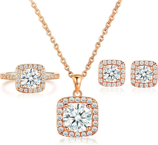 Jewelry Set for Women, 18K Rose Gold Plated Halo Cubic Zirconia Necklace/Earrings/Rings Wedding Hypoallergenic Jewelry Three-In-One