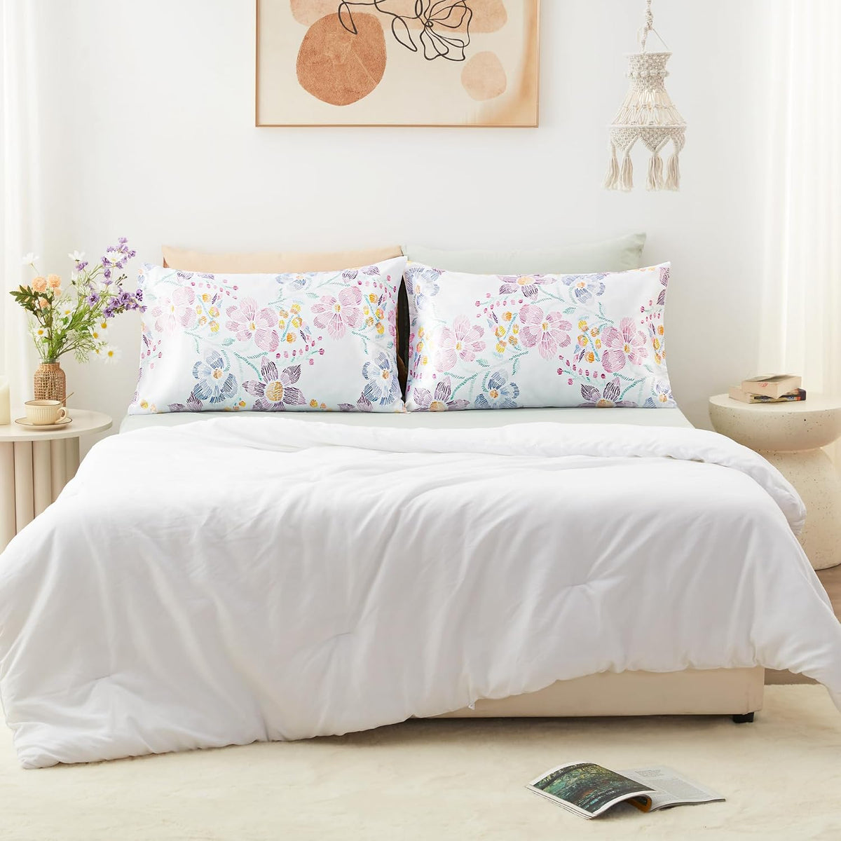 Satin Pillowcase for Hair and Skin Queen - Flower Silk Pillowcase 2 Pack 20X30 Inches - Satin Pillow Cases Set of 2 with Envelope Closure