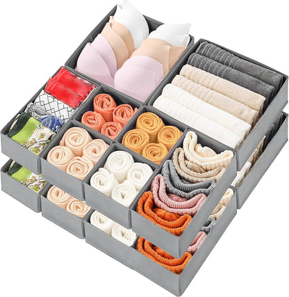 12 Pack Drawer Organizers Underwear Drawer Dividers Foldable Storage Boxes Fabric Closet Organizer Storage Cubes for Clothes Bras Socks Ties Cosmetics Stationeries Hair Accessories(Dark Grey)