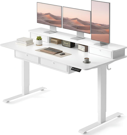 60" X 30" Standing Electric Desk with Drawers, White