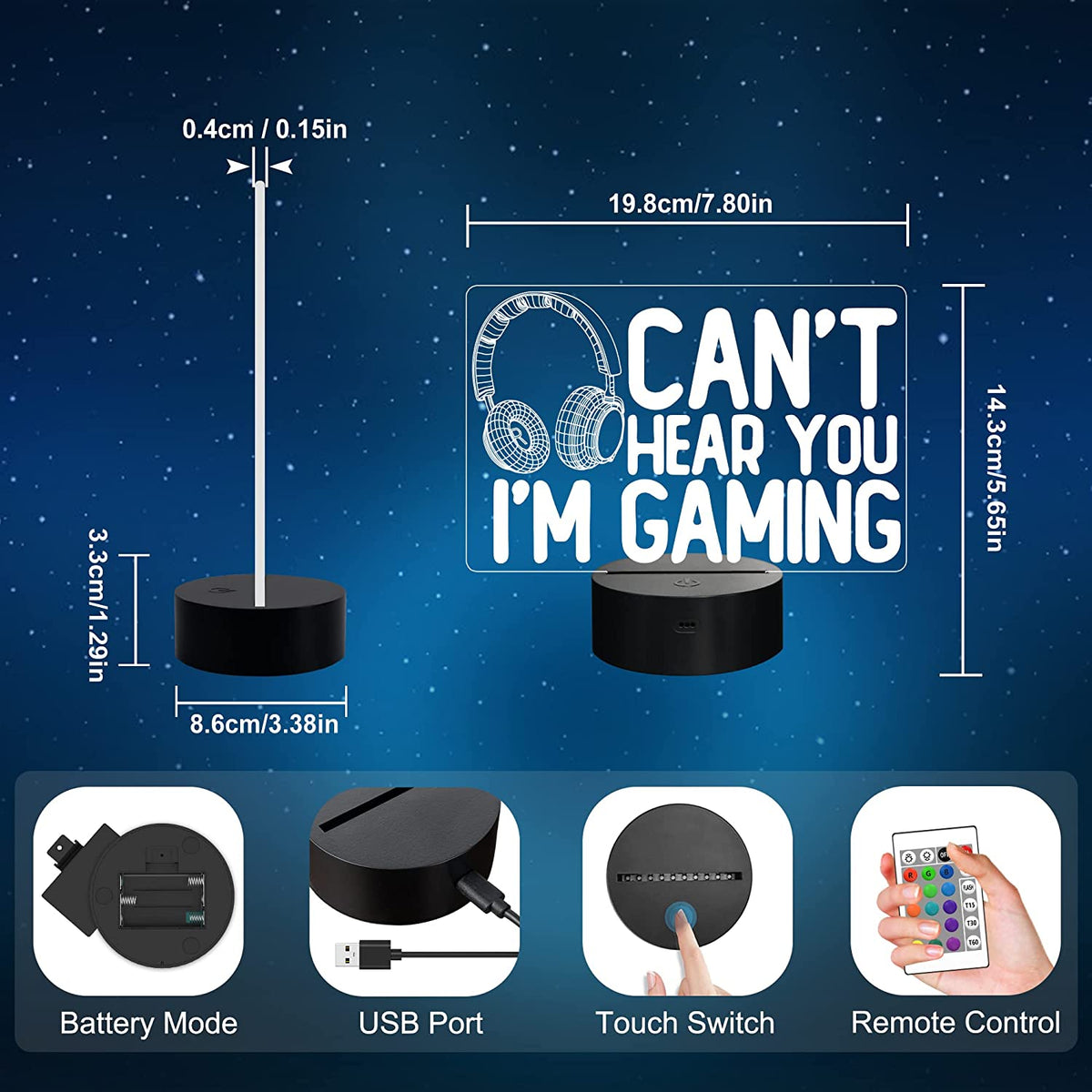 Can'T Hear You I'M Gaming Night Light, Headset Graphic Video Games Gamer Gift Funny 3D Illusion Lamp 16 Colors Changing Touch & Remote Control for Men Gamers Teenagers and Kids