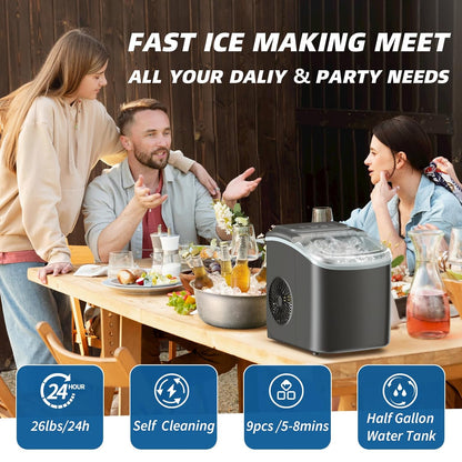 Ice Maker Countertop, 26Lbs in 24Hrs, 9 Ice Cubes Ready in 6 Mins with 2 Sizes of Bullet Ice, Auto-Cleaning Portable Ice Maker with Scoop & Basket, for Home/Kitchen/Camping/Rv. (Black)