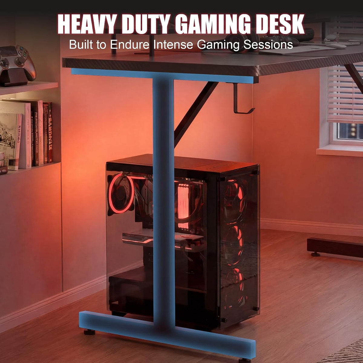 Gaming Desk 55 Inch with LED Lights, Large Computer Desk with Mouse Pad for Home Office, T-Shaped Carbon Fibre Surface PC Game Workstations with Headphone Hook