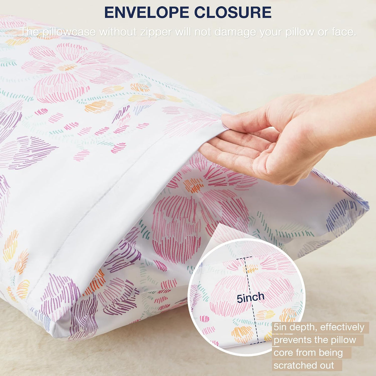 Satin Pillowcase for Hair and Skin - Multicolor Printed Flower Silk Pillowcase 2 Pack 20X26 Inches - Standard Size Satin Pillow Cases Set of 2 with Envelope Closure