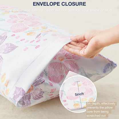 Satin Pillowcase for Hair and Skin - Multicolor Printed Flower Silk Pillowcase 2 Pack 20X26 Inches - Standard Size Satin Pillow Cases Set of 2 with Envelope Closure