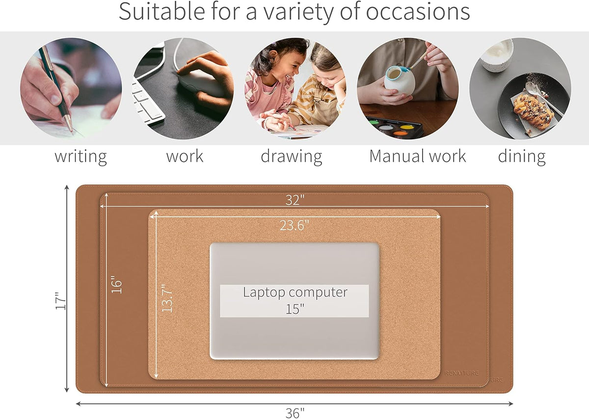 Dual-Sided Desk Pad, Natural Cork & PU Leather Large Mouse Mats for Office and Home Work, Desk Protector Non-Slip, Waterproof, Easy Clean (Brown, 36"X17")