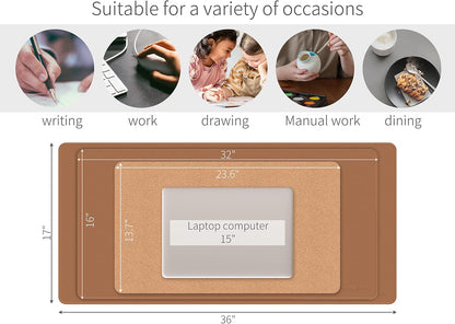 Dual-Sided Desk Pad, Natural Cork & PU Leather Large Mouse Mats for Office and Home Work, Desk Protector Non-Slip, Waterproof, Easy Clean (Brown, 36"X17")