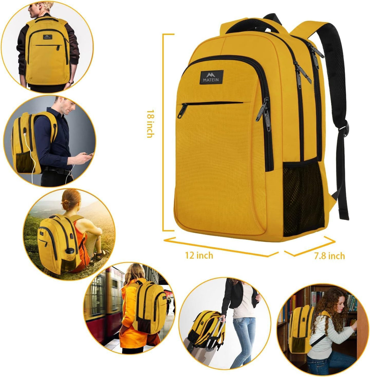 Yellow Travel Laptop Backpack, 15.6 Inch Computer Student Bookbag