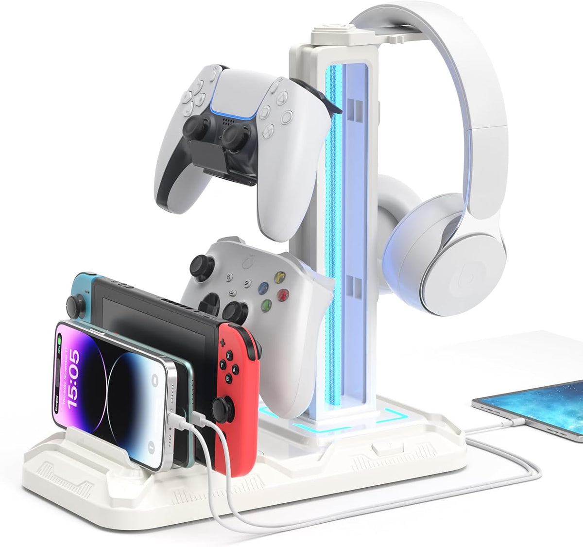 Headset Stand with Charging Station - Detachable Controller Holder with 9 Light Modes - Rotatable Headphone Hanger with USB A&C Charger Ports - Earphone Hook for PC Gaming Accessories Storage
