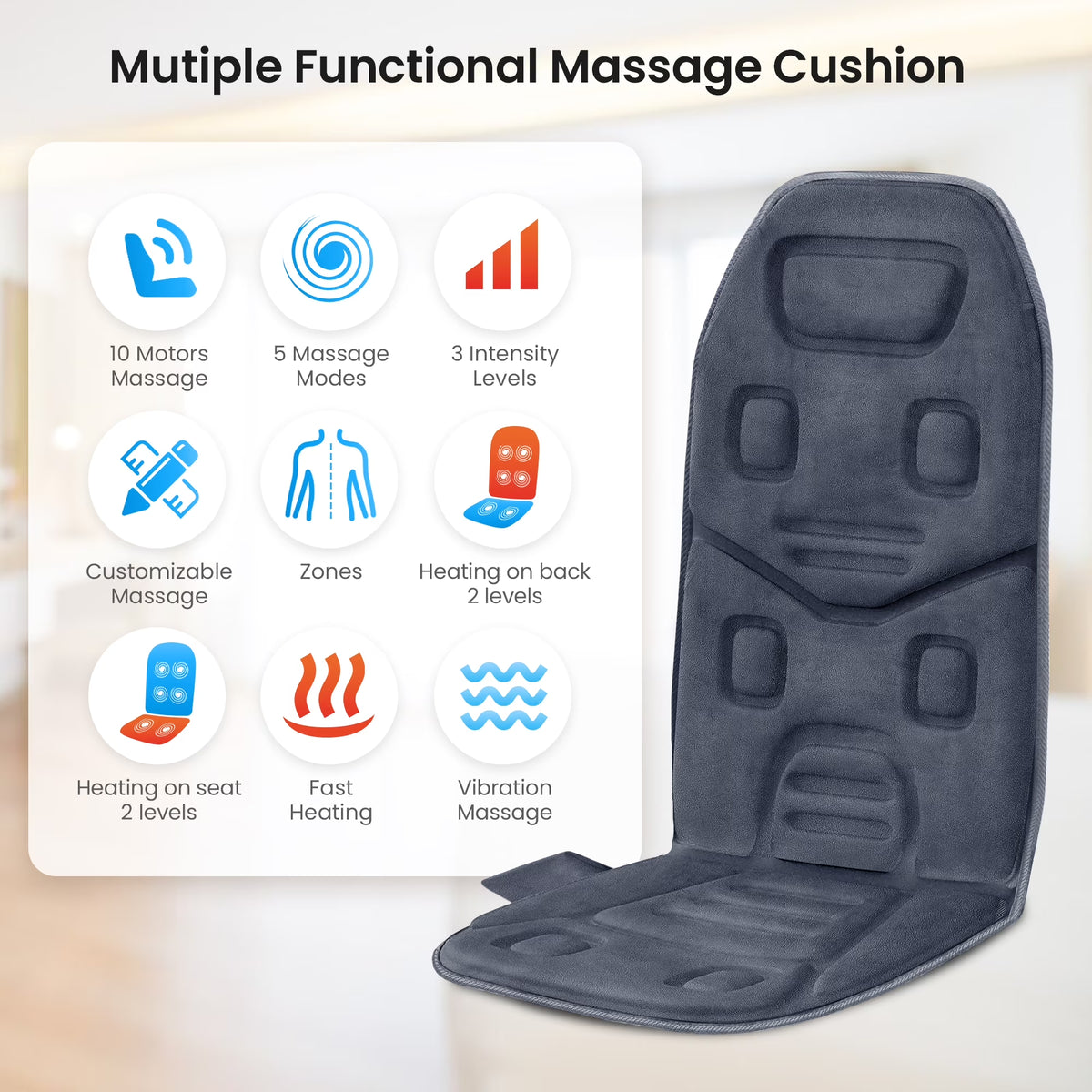 Vibration Massage Seat Cushion, 10 Motors Back Massager with Heat Chair Pad, Deep Gray