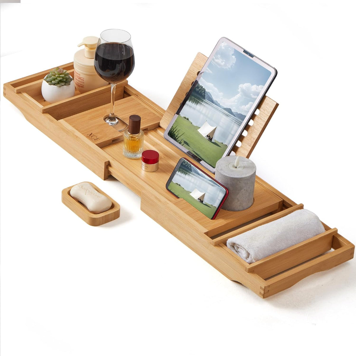Bamboo Bathtub Caddy Tray with Book Stand & Soap Holder, Natural