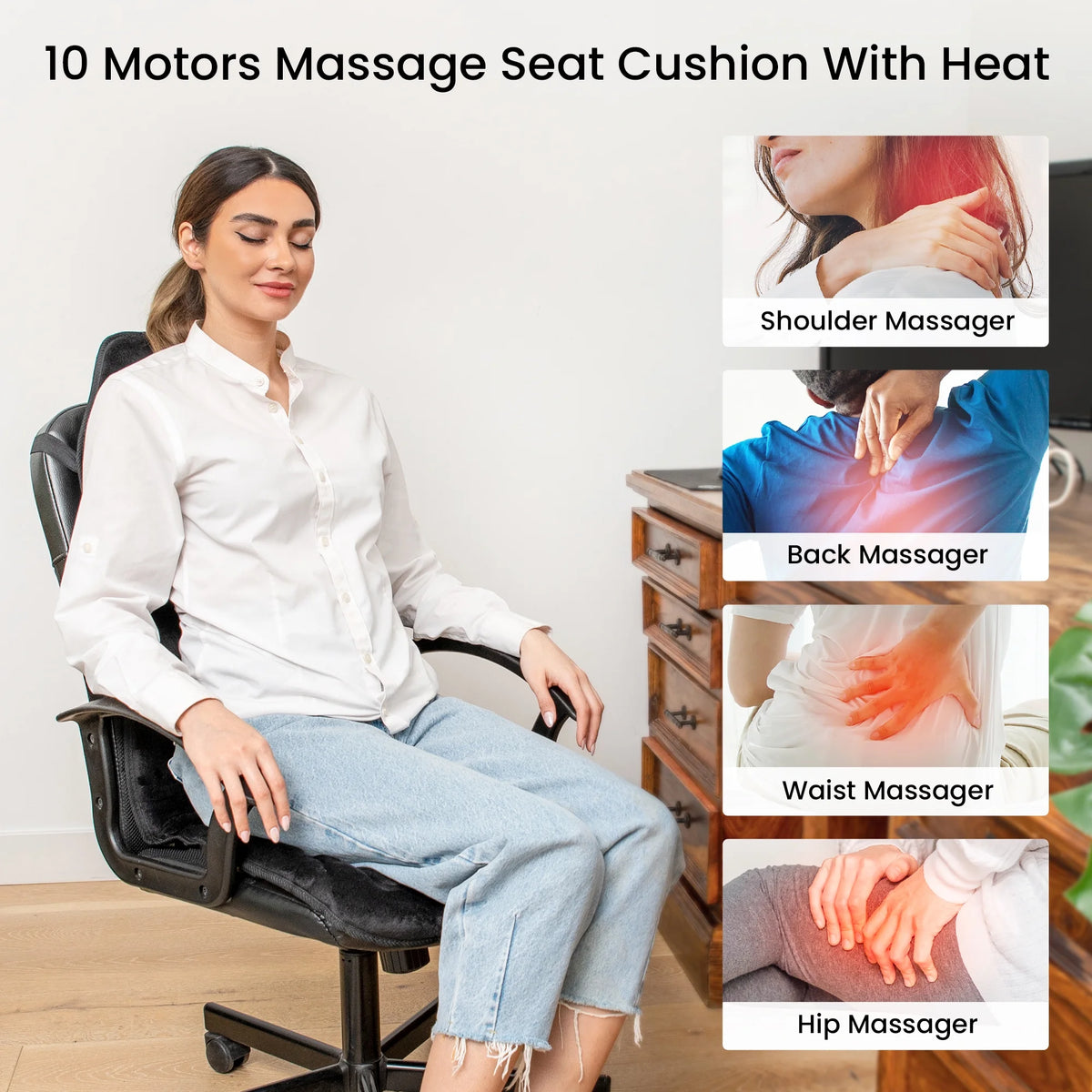 Vibration Massage Seat Cushion, 10 Motors Back Massager with Heat Chair Pad, Deep Gray