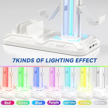 Headset Stand with Charging Station - Detachable Controller Holder with 9 Light Modes - Rotatable Headphone Hanger with USB A&C Charger Ports - Earphone Hook for PC Gaming Accessories Storage