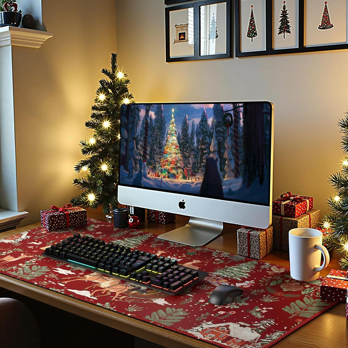 Christmas Desk Mat, Winter Forest Large Mouse Pad,Red