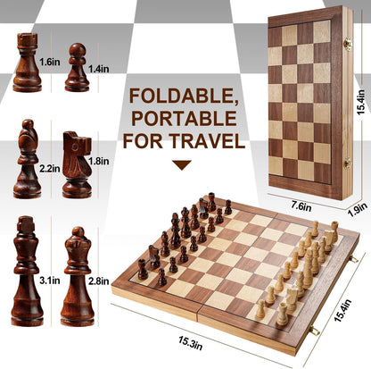 Magnetic Chess Set for Adults & Kids, 15" Wooden Folding Chess Boards, Handcrafted Portable Travel Chess Game with Pieces Storage Slots, 2 Extra Queens