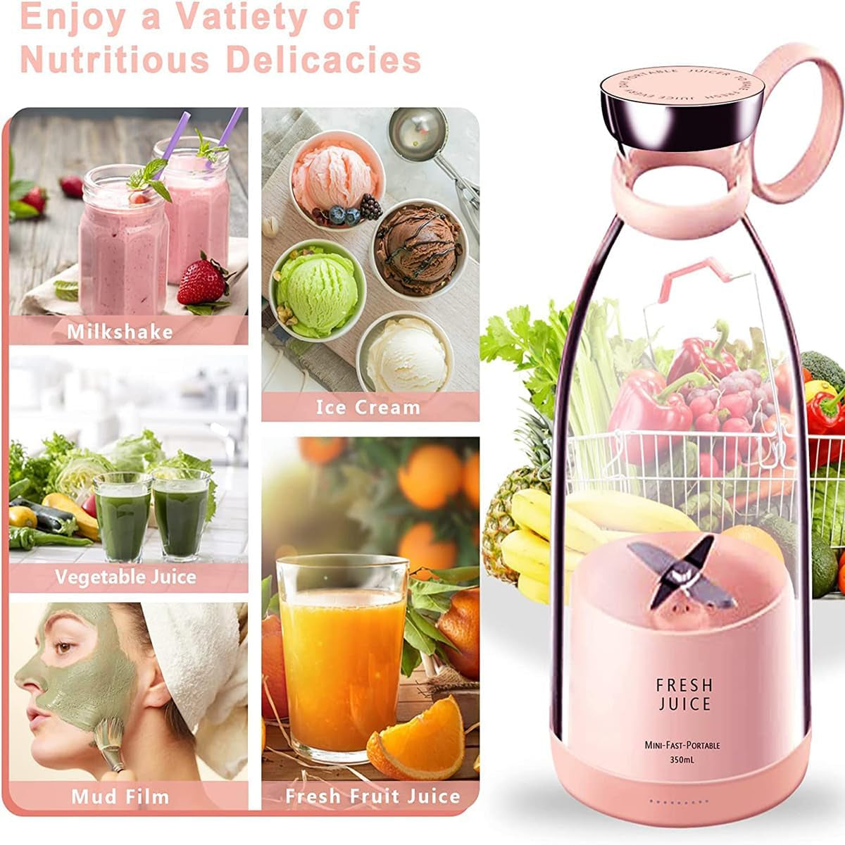 Portable Juicer Blender, 350Ml Rechargeable Electric Blender for Fresh Juice, Fruit & Milkshakes, Bpa-Free, Easy Clean, Compact Travel Cup for Gym, Office, Home（Pink）