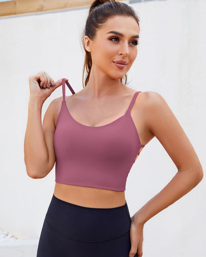 Strappy Sports Bras for Women High Support Open Back Workout Tops Longline Tank Top with Built in Bra Yoga Crop Bras