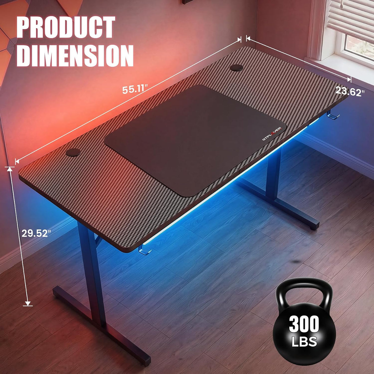 Gaming Desk 55 Inch with LED Lights, Large Computer Desk with Mouse Pad for Home Office, T-Shaped Carbon Fibre Surface PC Game Workstations with Headphone Hook