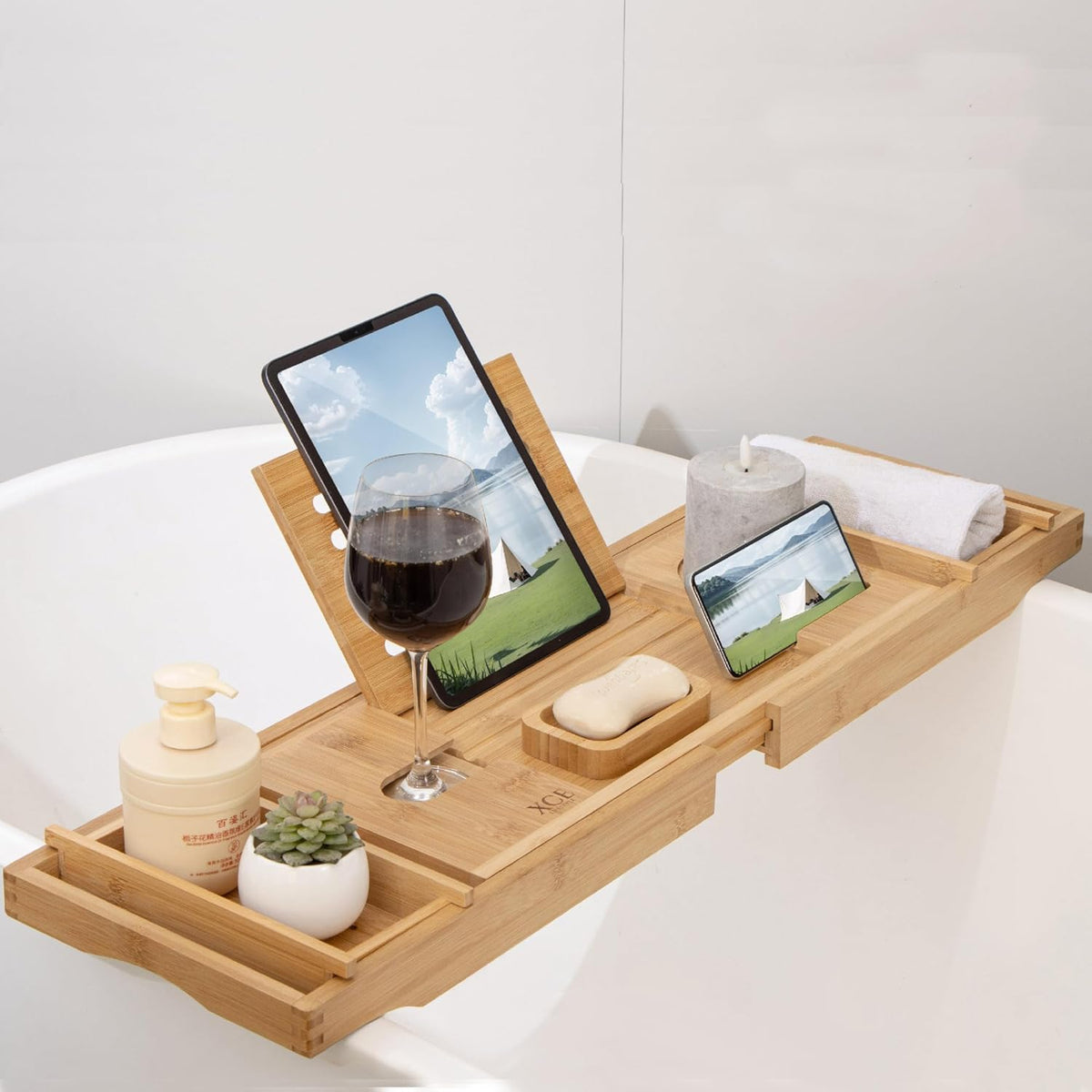 Bamboo Bathtub Caddy Tray with Book Stand & Soap Holder, Natural