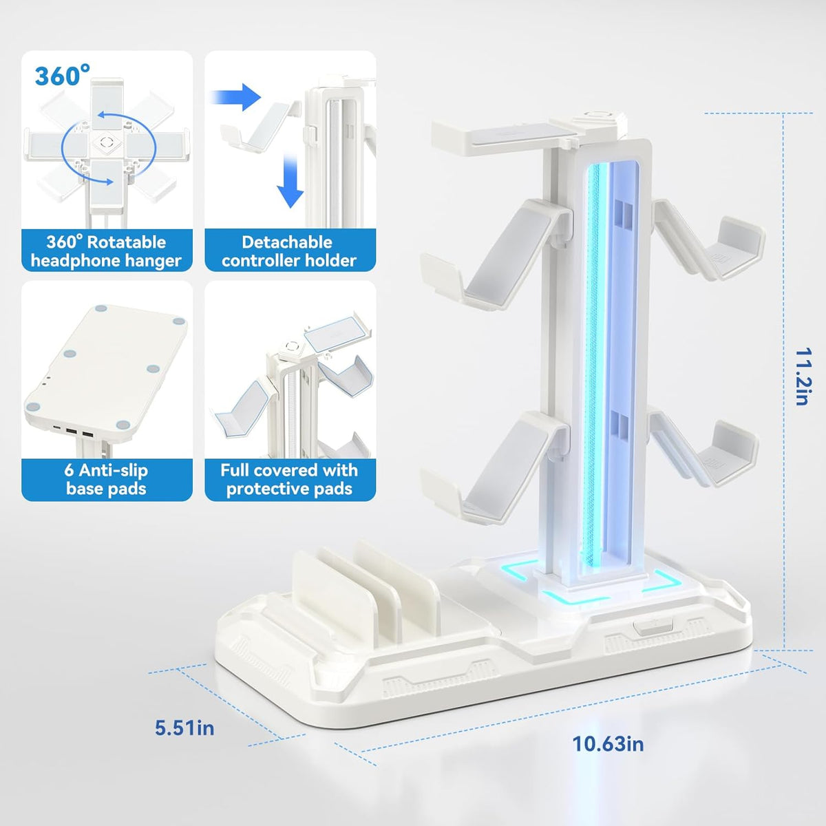 Headset Stand with Charging Station - Detachable Controller Holder with 9 Light Modes - Rotatable Headphone Hanger with USB A&C Charger Ports - Earphone Hook for PC Gaming Accessories Storage