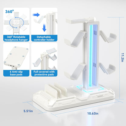 Headset Stand with Charging Station - Detachable Controller Holder with 9 Light Modes - Rotatable Headphone Hanger with USB A&C Charger Ports - Earphone Hook for PC Gaming Accessories Storage