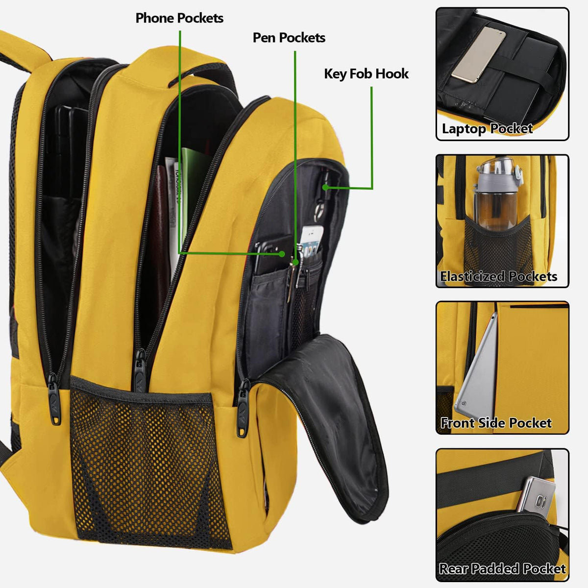Yellow Travel Laptop Backpack, 15.6 Inch Computer Student Bookbag