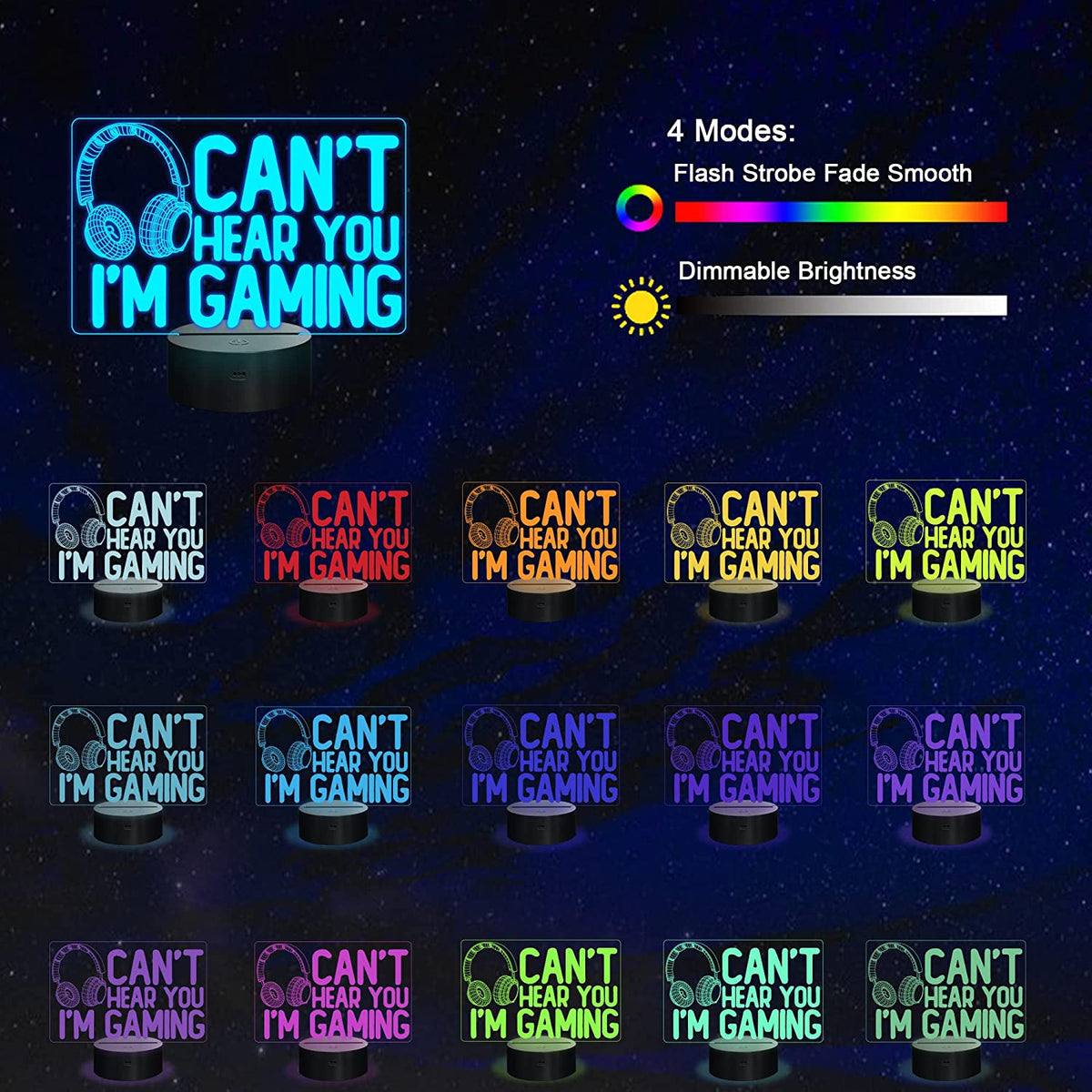 Can'T Hear You I'M Gaming Night Light, Headset Graphic Video Games Gamer Gift Funny 3D Illusion Lamp 16 Colors Changing Touch & Remote Control for Men Gamers Teenagers and Kids
