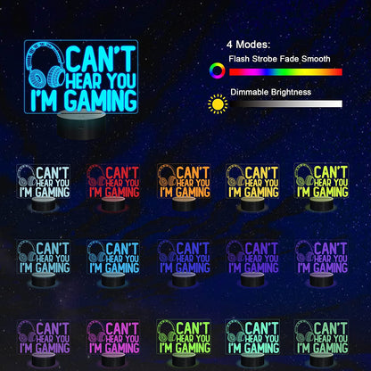 Can'T Hear You I'M Gaming Night Light, Headset Graphic Video Games Gamer Gift Funny 3D Illusion Lamp 16 Colors Changing Touch & Remote Control for Men Gamers Teenagers and Kids