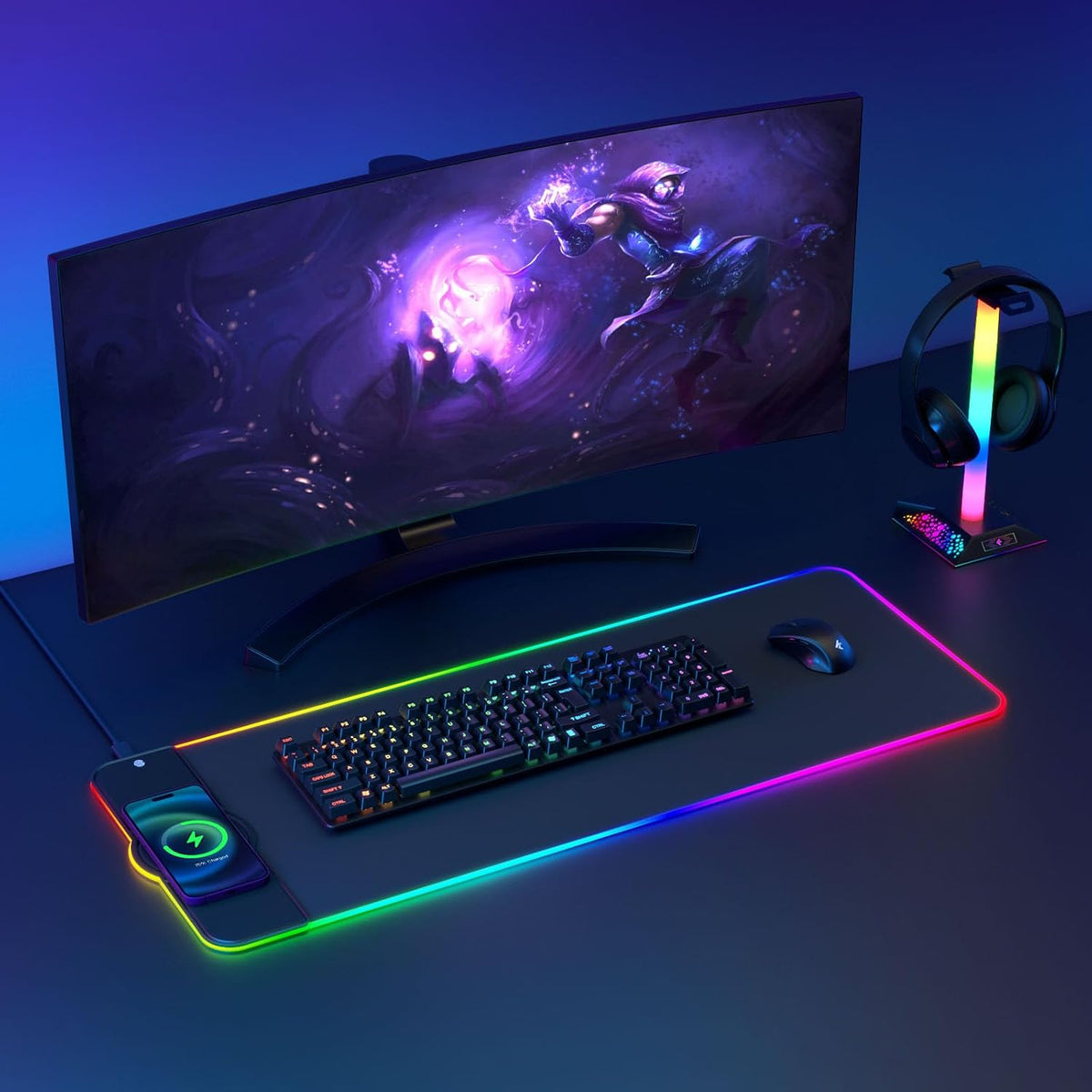 Charging RGB Gaming Mouse Pad - Wireless 15W Mousepad LED Extra Large Mouse Mat 80 * 30Cm, 10 Light Modes Gaming Room Accessories, Computer Keyboard Mat Fast Charging Desk Mat for Gaming, Black