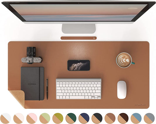 Dual-Sided Desk Pad, Natural Cork & PU Leather Large Mouse Mats for Office and Home Work, Desk Protector Non-Slip, Waterproof, Easy Clean (Brown, 36"X17")