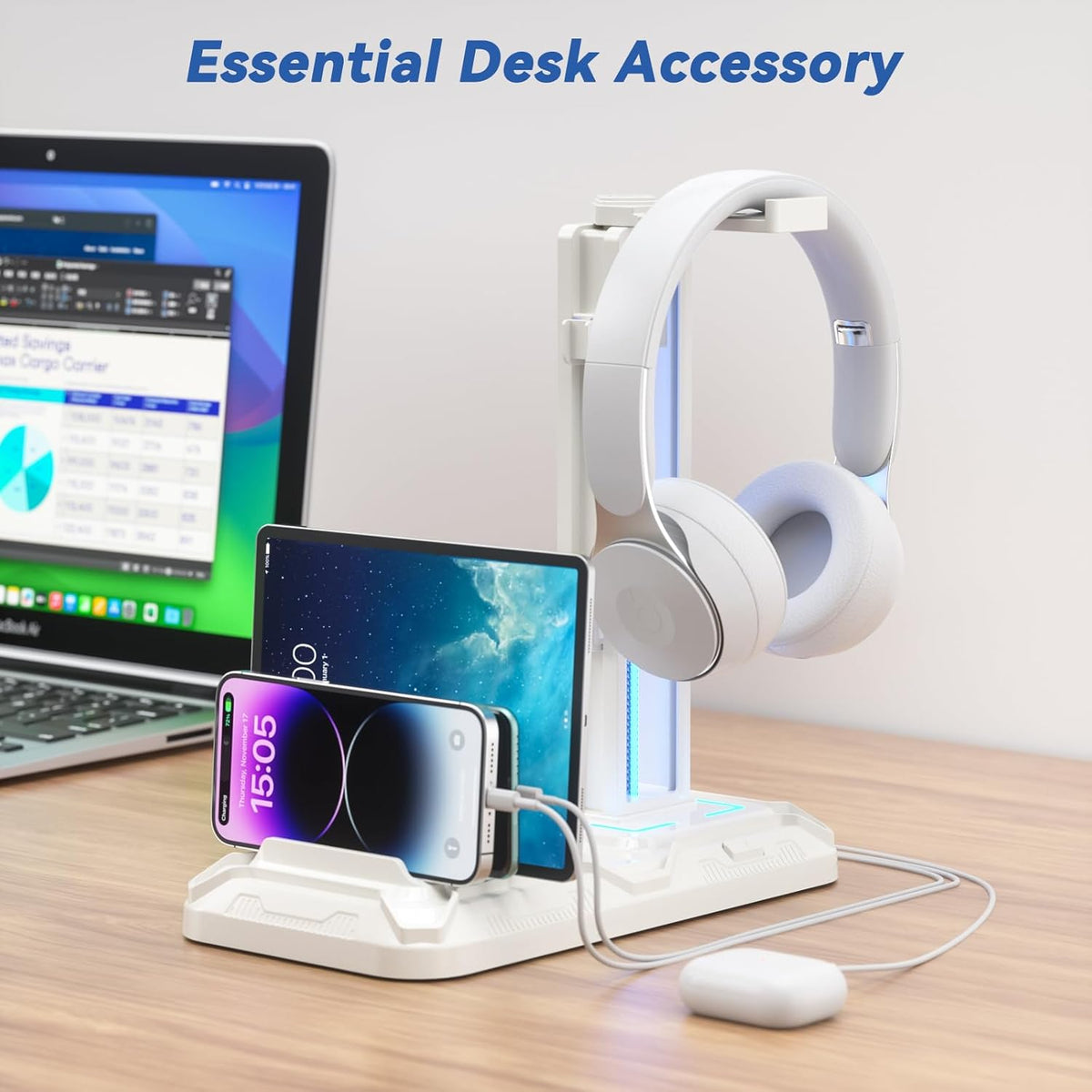 Headset Stand with Charging Station - Detachable Controller Holder with 9 Light Modes - Rotatable Headphone Hanger with USB A&C Charger Ports - Earphone Hook for PC Gaming Accessories Storage