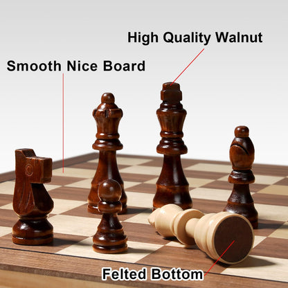 Magnetic Chess Set for Adults & Kids, 15" Wooden Folding Chess Boards, Handcrafted Portable Travel Chess Game with Pieces Storage Slots, 2 Extra Queens