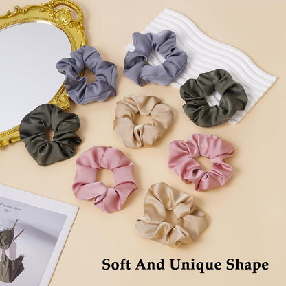 Satin Scrunchies for Women – 8PCS Morandi Neutral Silk Hair Ties – No Crease, Frizz-Free, Elegant & Minimalist Hair Bands for Thick & Thin Hair, Sophisticated Hair Accessories Gifts
