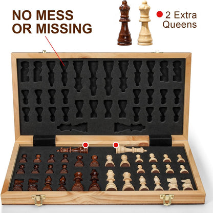 Magnetic Chess Set for Adults & Kids, 15" Wooden Folding Chess Boards, Handcrafted Portable Travel Chess Game with Pieces Storage Slots, 2 Extra Queens
