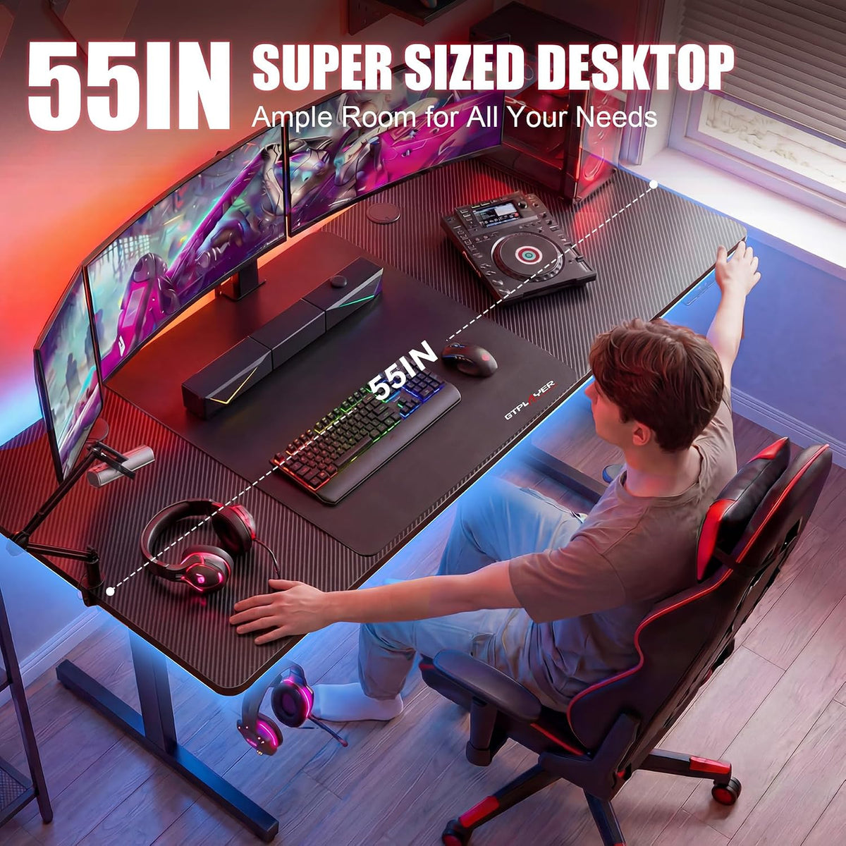 Gaming Desk 55 Inch with LED Lights, Large Computer Desk with Mouse Pad for Home Office, T-Shaped Carbon Fibre Surface PC Game Workstations with Headphone Hook