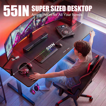 Gaming Desk 55 Inch with LED Lights, Large Computer Desk with Mouse Pad for Home Office, T-Shaped Carbon Fibre Surface PC Game Workstations with Headphone Hook