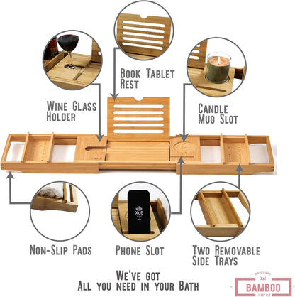 Bamboo Bathtub Caddy Tray with Book Stand & Soap Holder, Natural