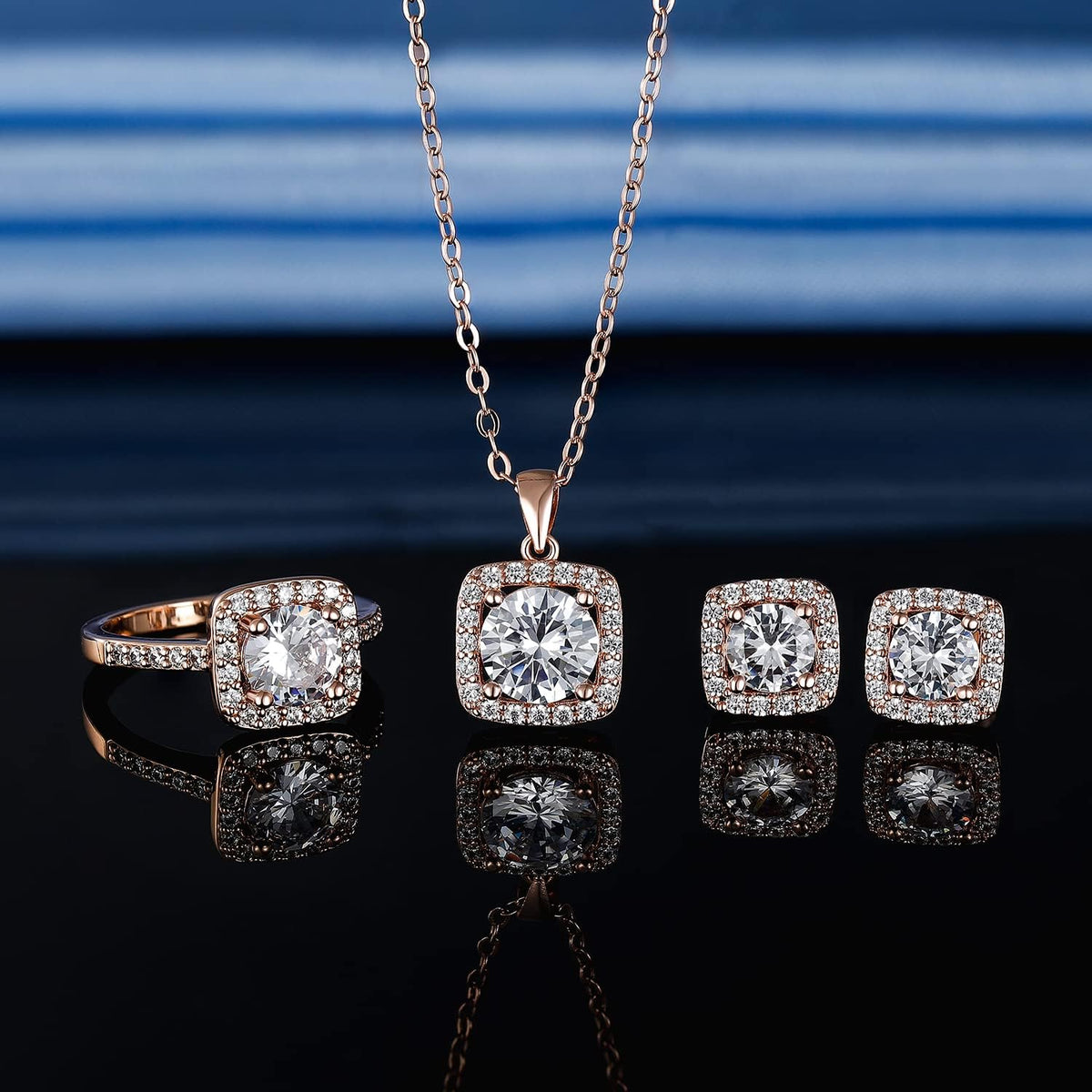 Jewelry Set for Women, 18K Rose Gold Plated Halo Cubic Zirconia Necklace/Earrings/Rings Wedding Hypoallergenic Jewelry Three-In-One